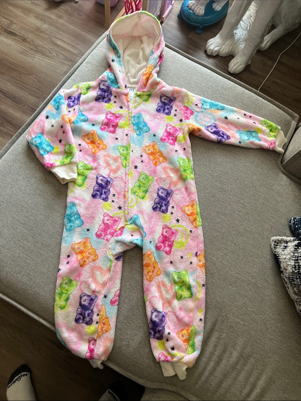 Kids Pink Plush Hooded One-Piece with Multicolor Gummy Bear Print